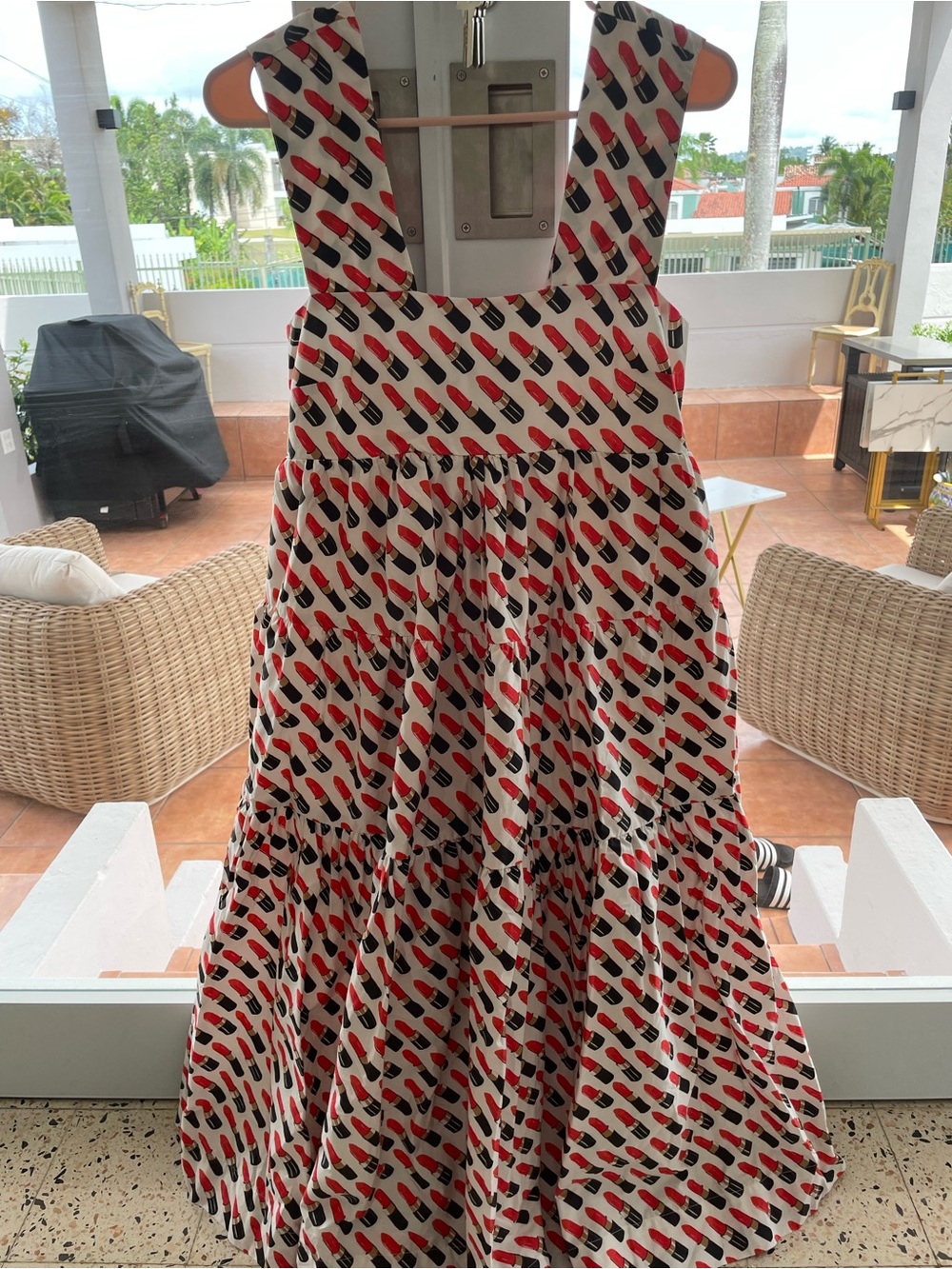 Anthropologie Cream Midi Dress with Red & Black Pattern - Picture 4 of 6